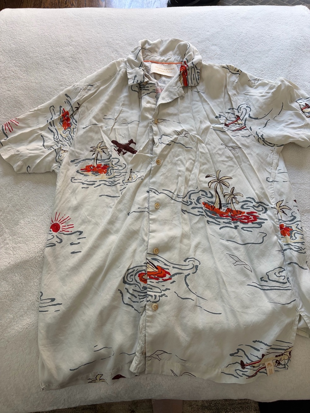Scotch & Soda Cream Button-Down Shirt with Red & Blue Island Print